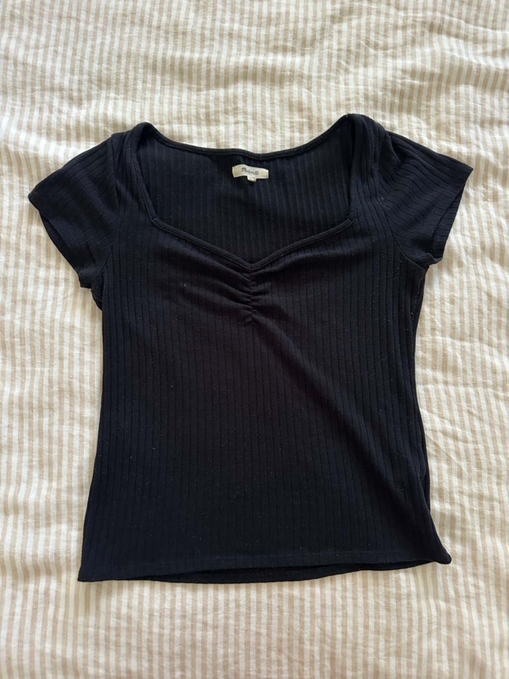Madewell Black Ribbed Short Sleeve V-Neck Top